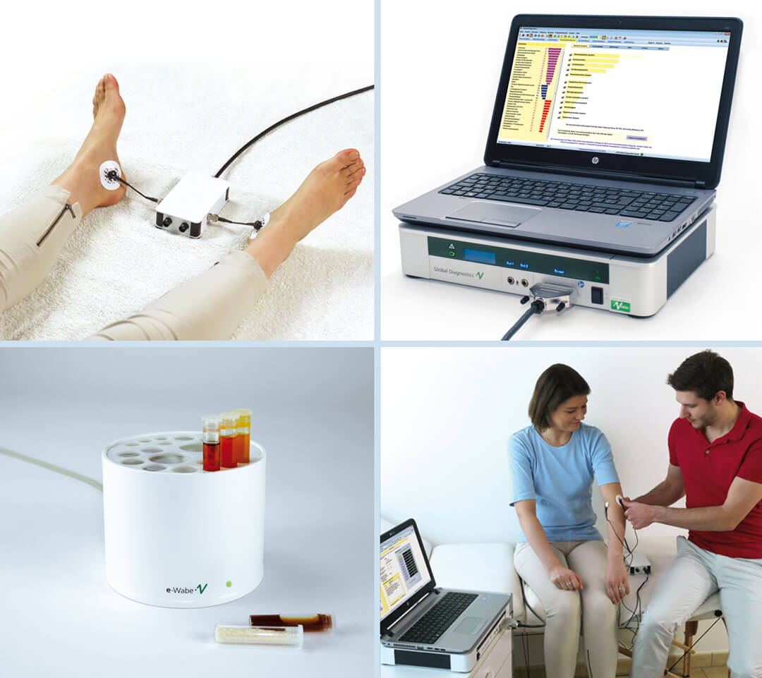 Übersicht Global Diagnostics: Sensor mit Füßen, Global Diagnostics Gerät mit Laptop, GD 12 e-Wabe, Mikrostrom-Behandlung Ellenbogen